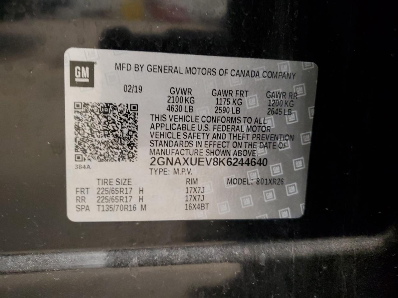 2019 Chevrolet Equinox VIN 2GNAXUEV8K6244640 Copart auction photo, front end / undercarriage damage thumbnail 13