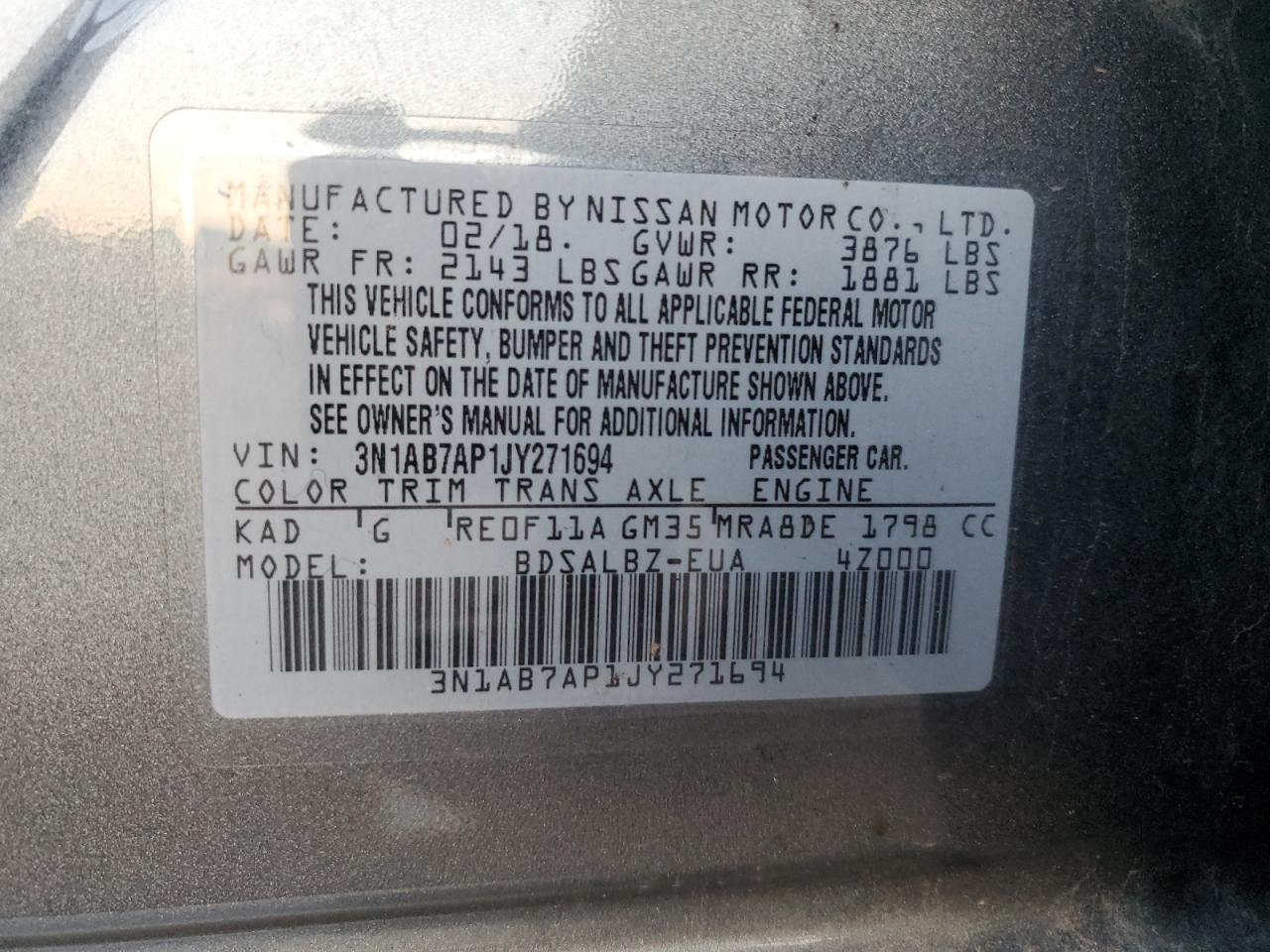 2018 Nissan Sentra VIN 3N1AB7AP1JY271694 Copart auction photo, all over damage thumbnail 13