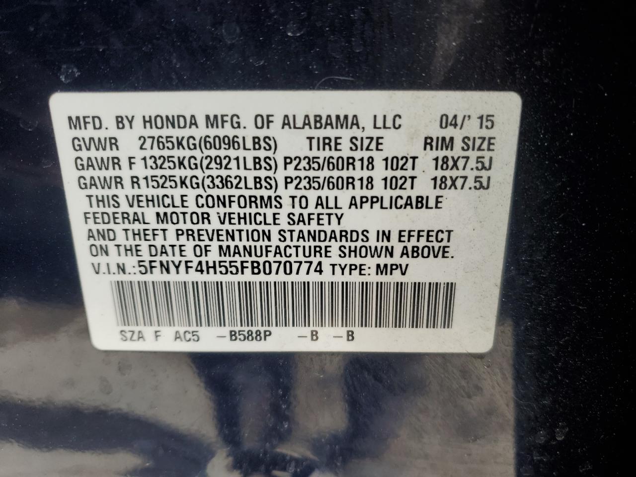 2015 Honda Pilot VIN 5FNYF4H55FB070774 Copart auction photo, front end damage thumbnail 13