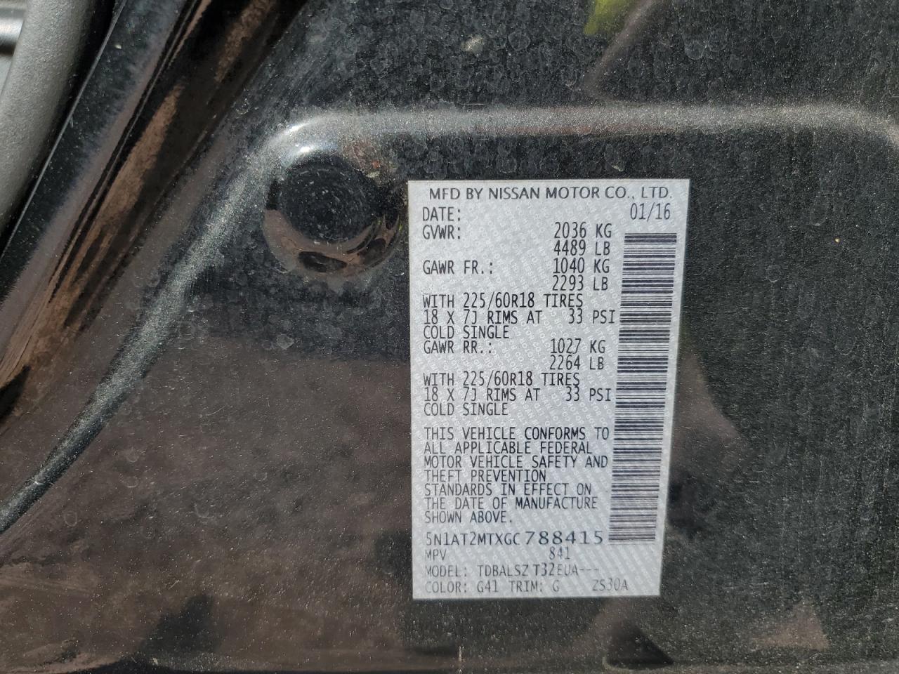 2016 Nissan Rogue VIN 5N1AT2MTXGC788415 Copart auction photo, side / front end damage thumbnail 15