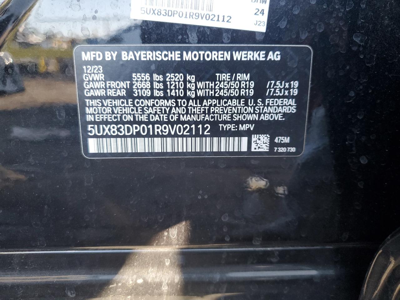 2024 BMW X3 M VIN 5UX83DP01R9V02112 Copart auction photo, front end damage thumbnail 13