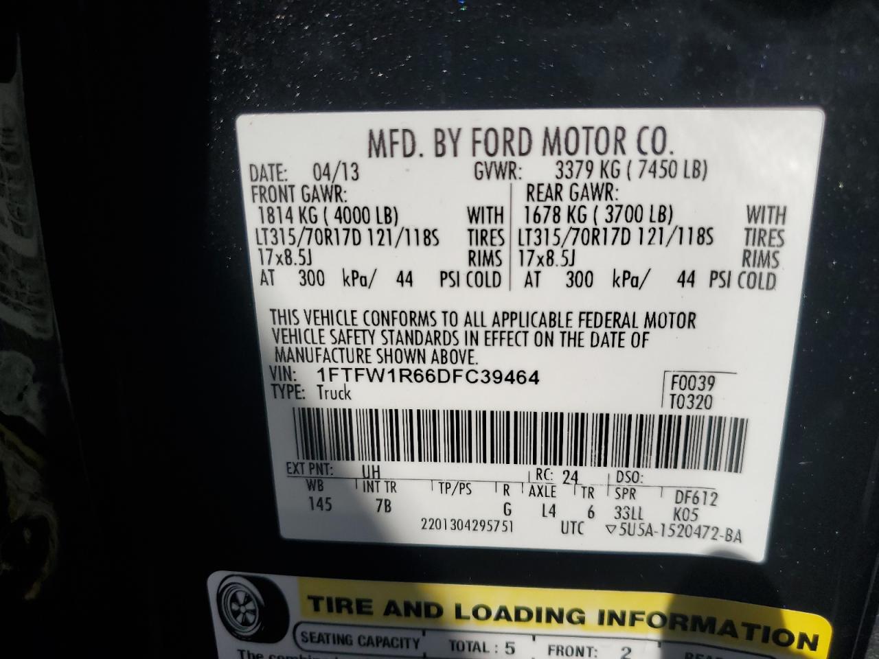 2013 Ford F-150 VIN 1FTFW1R66DFC39464 Copart auction photo, water/flood damage thumbnail 12