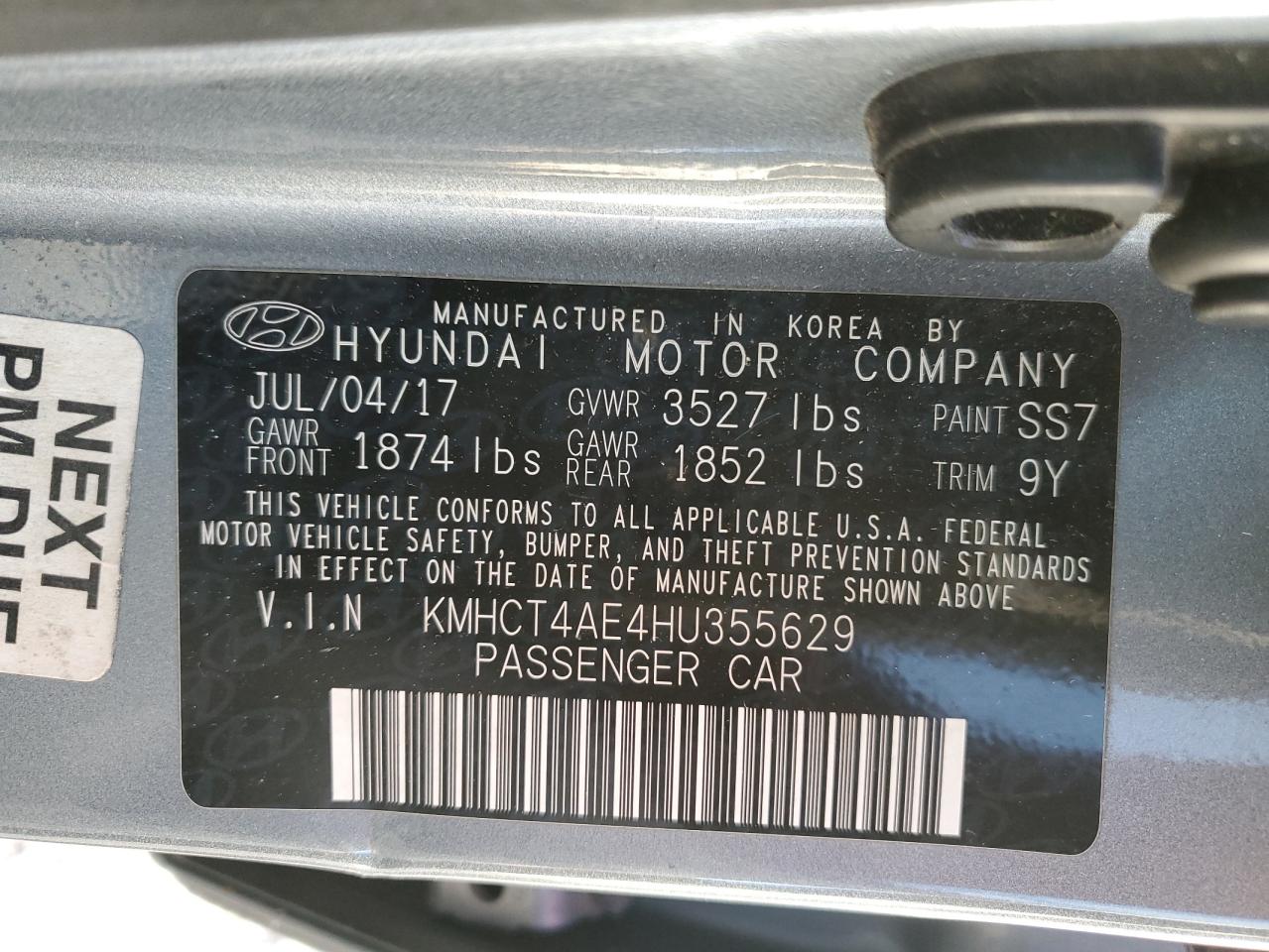 2017 Hyundai Accent VIN KMHCT4AE4HU355629 Copart auction photo, front end damage thumbnail 12