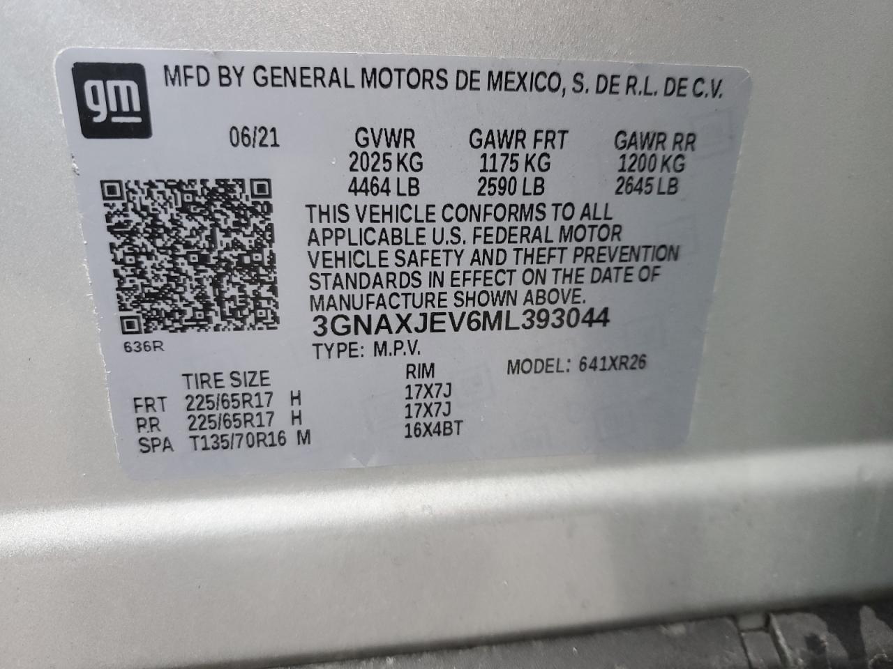 2021 Chevrolet Equinox VIN 3GNAXJEV6ML393044 Copart auction photo, front end / side damage thumbnail 15