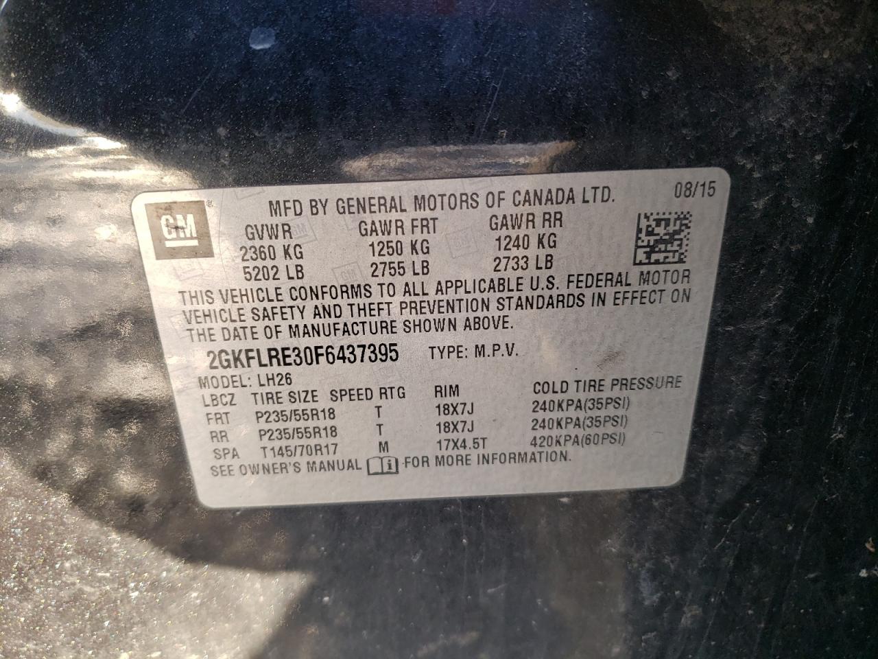 2015 GMC Terrain VIN 2GKFLRE30F6437395 Copart auction photo, front end / rear end damage thumbnail 13