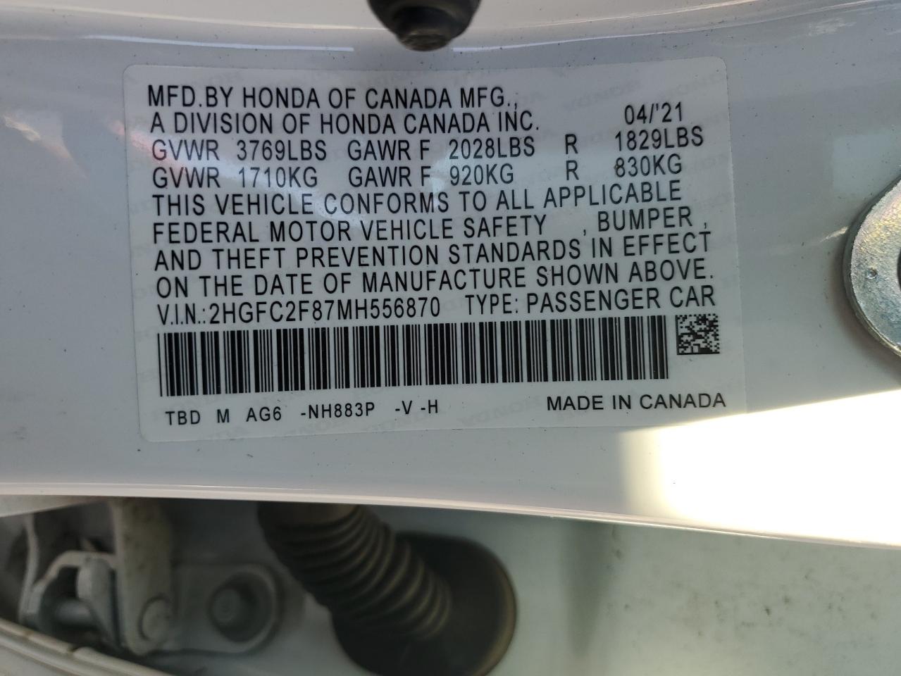 2021 Honda Civic VIN 2HGFC2F87MH556870 Copart auction photo, all over damage thumbnail 14