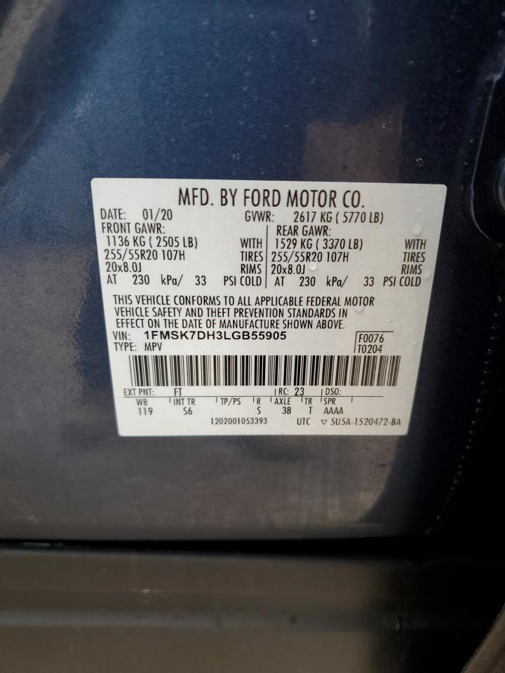 2020 Ford Explorer VIN 1FMSK7DH3LGB55905 Copart auction photo, front end / minor dent/scratches damage thumbnail 13
