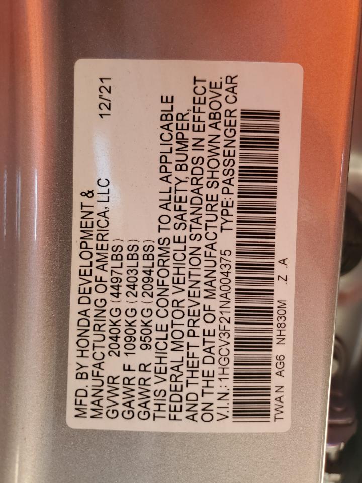 2022 Honda Accord VIN 1HGCV3F21NA004375 Copart auction photo, front end / minor dent/scratches damage thumbnail 13