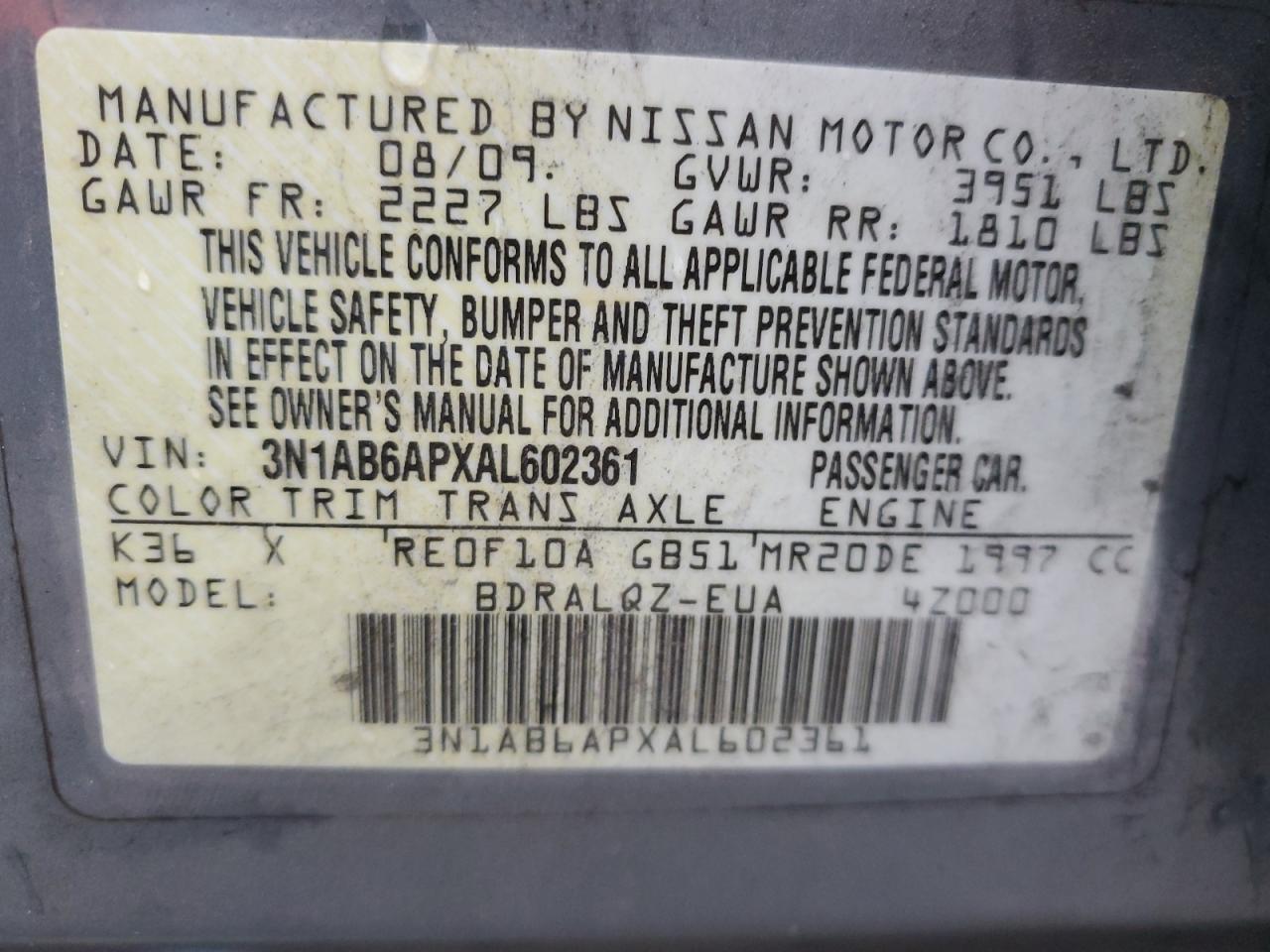 2010 Nissan Sentra VIN 3N1AB6APXAL602361 Copart auction photo, front end / rear end damage thumbnail 13