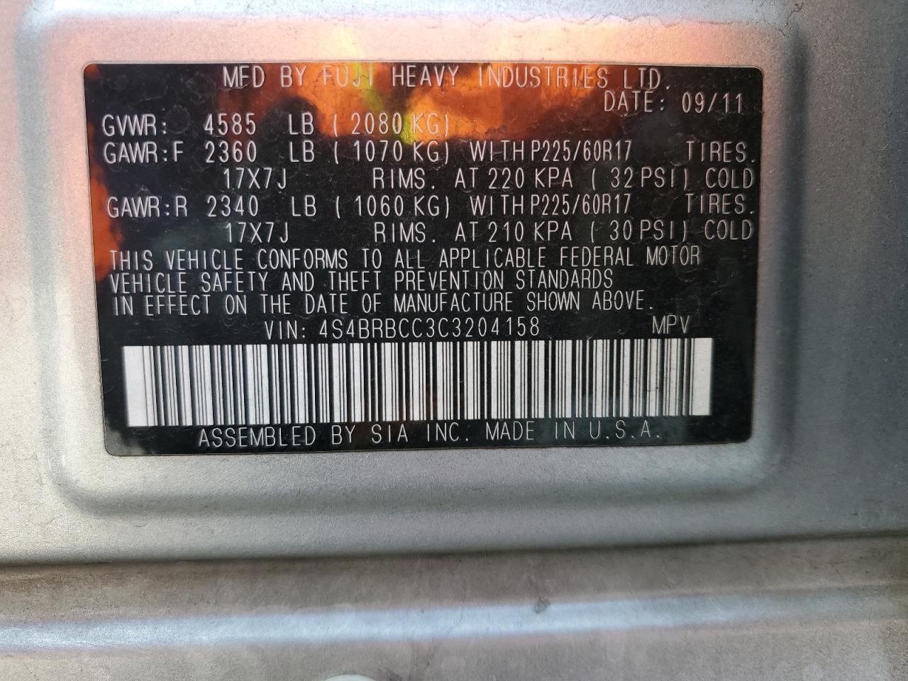 2012 Subaru Outback VIN 4S4BRBCC3C3204158 Copart auction photo, front end damage thumbnail 12