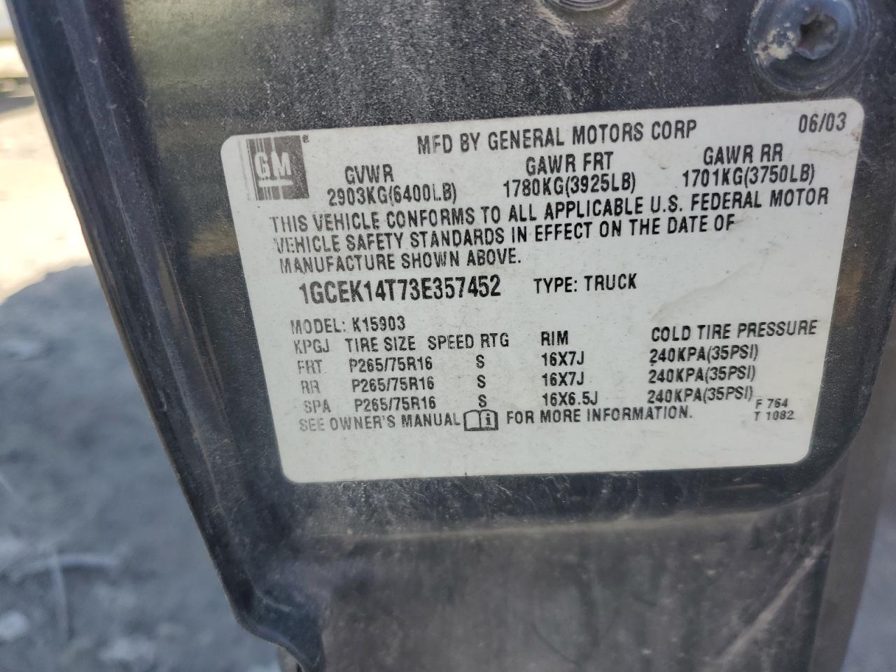 2003 Chevrolet Silverado VIN 1GCEK14T73E357452 Copart auction photo, front end damage thumbnail 12
