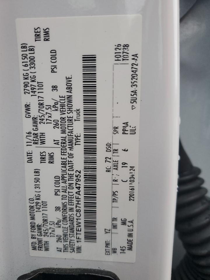2017 Ford F-150 VIN 1FTEW1C87HFA47952 Copart auction photo, front end / minor dent/scratches damage thumbnail 12