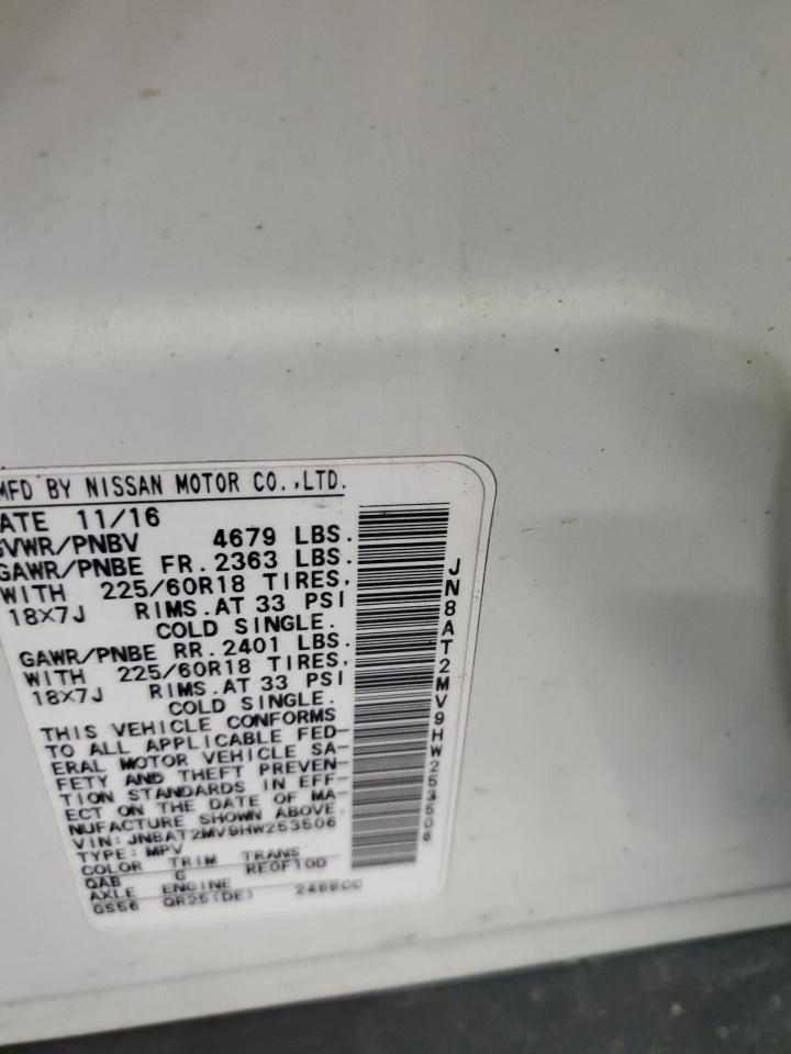 2017 Nissan Rogue VIN JN8AT2MV9HW253506 Copart auction photo, rear end damage thumbnail 14