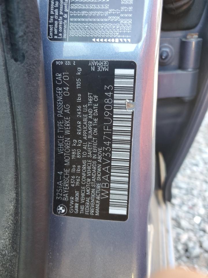 2001 BMW 3er VIN WBAAV33471FU90843 Copart auction photo, front end damage thumbnail 12