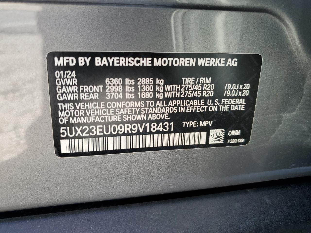 2024 BMW X5 VIN 5UX23EU09R9V18431 Copart auction photo, side / front end damage thumbnail 13