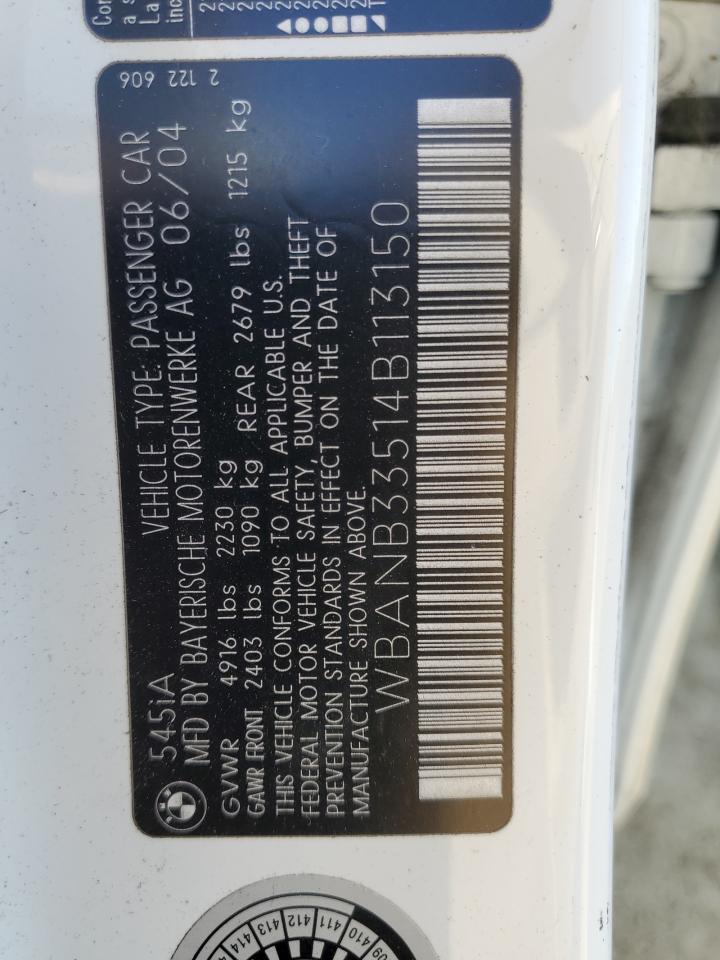 2004 BMW 5er VIN WBANB33514B113150 Copart auction photo, mechanical damage thumbnail 12