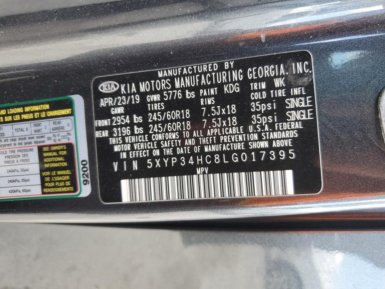 2020 KIA Telluride VIN 5XYP34HC8LG017395 Copart auction photo, side / front end damage thumbnail 15