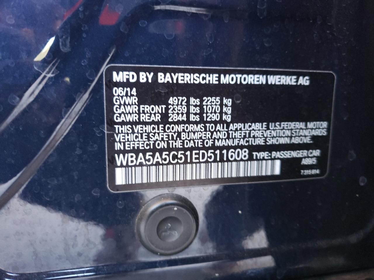 2014 BMW 5er VIN WBA5A5C51ED511608 Copart auction photo, front end damage thumbnail 12