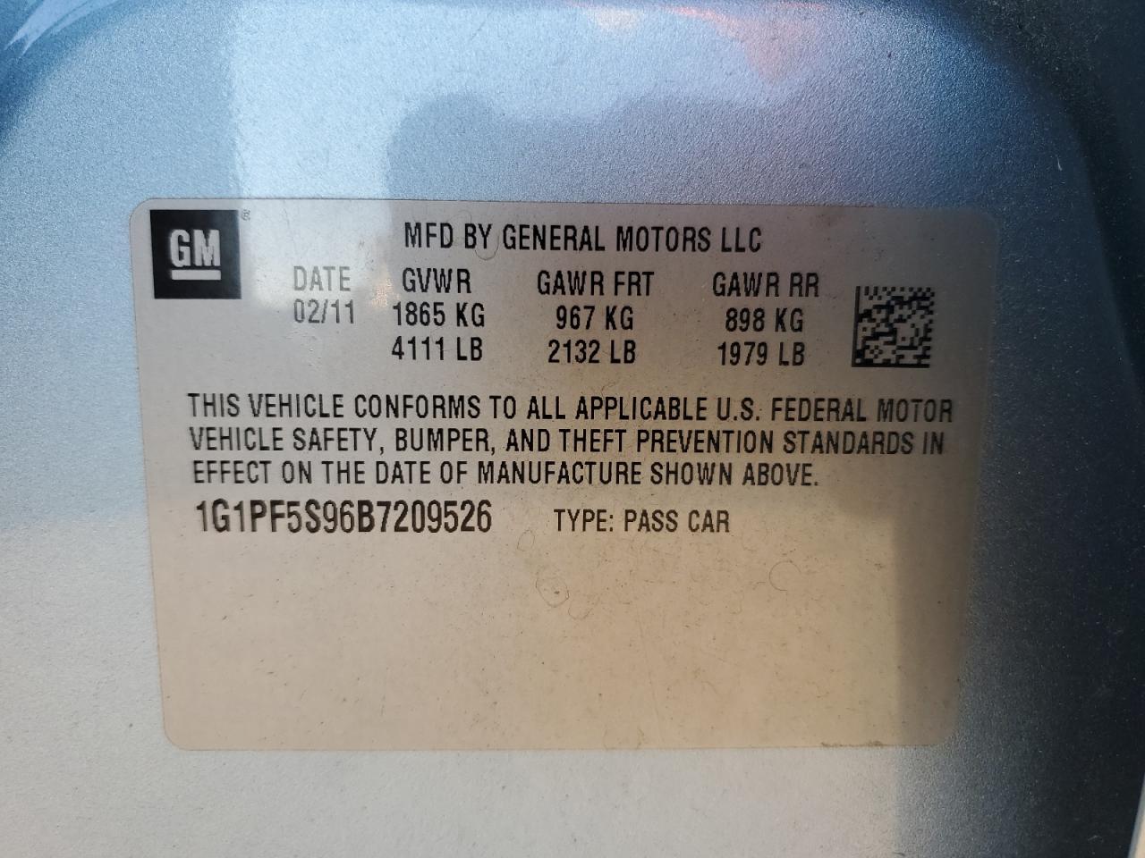 2011 Chevrolet Cruze VIN 1G1PF5S96B7209526 Copart auction photo, front end damage thumbnail 12