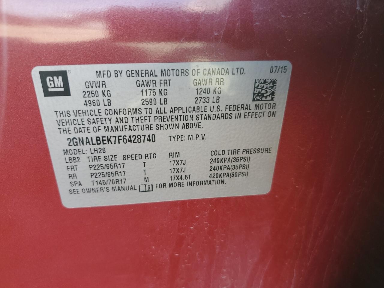 2015 Chevrolet Equinox VIN 2GNALBEK7F6428740 Copart auction photo, front end damage thumbnail 15