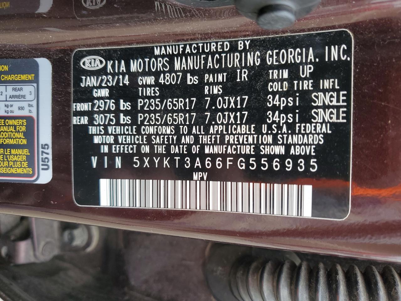 2015 KIA Sorento VIN 5XYKT3A66FG556935 Copart auction photo, front end damage thumbnail 13