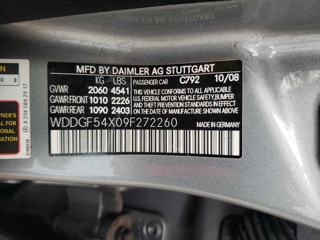 2009 Mercedes-Benz C-klasse VIN WDDGF54X09F272260 Copart auction photo, side damage thumbnail 12