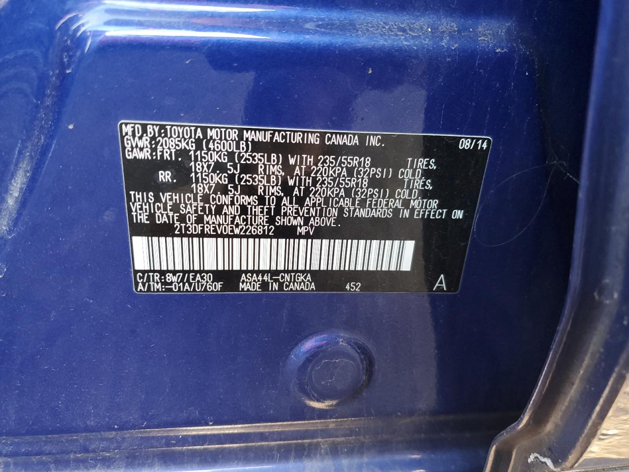 2014 Toyota RAV 4 VIN 2T3DFREV0EW226812 Copart auction photo, front end damage thumbnail 12
