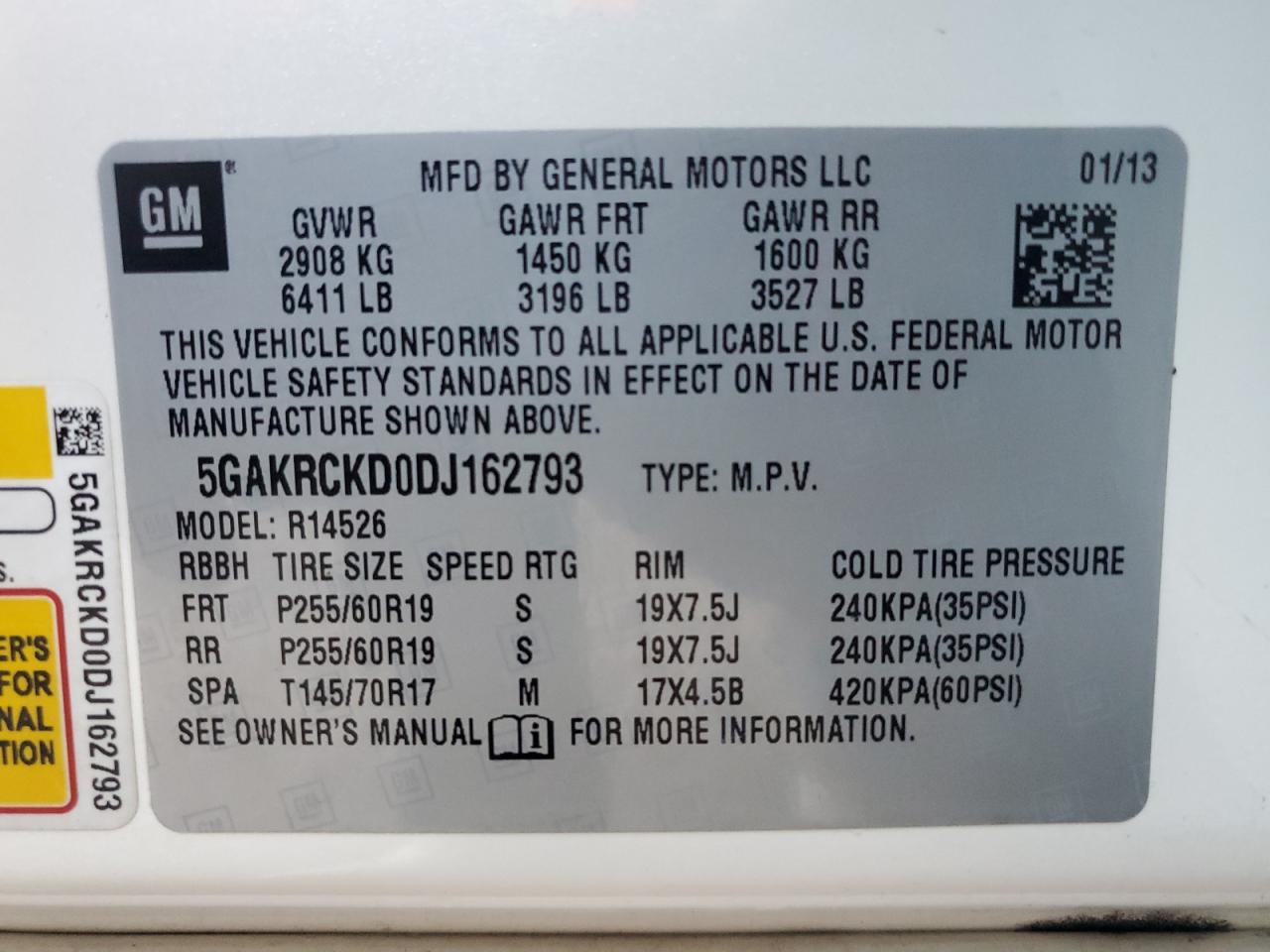 2013 Buick Enclave VIN 5GAKRCKD0DJ162793 Copart auction photo, front end / minor dent/scratches damage thumbnail 14