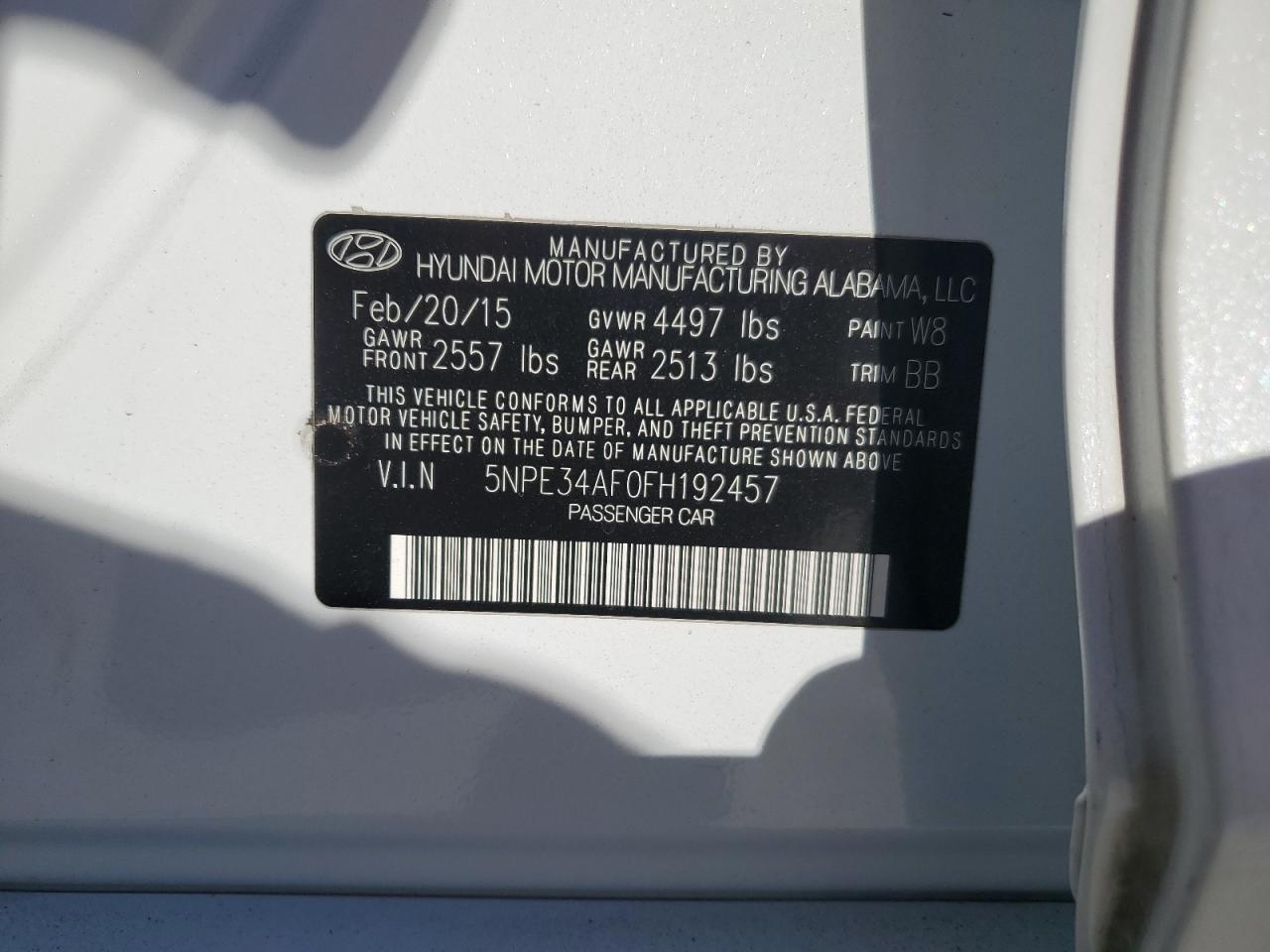 2015 Hyundai Sonata VIN 5NPE34AF0FH192457 Copart auction photo, vandalism / front end damage thumbnail 14