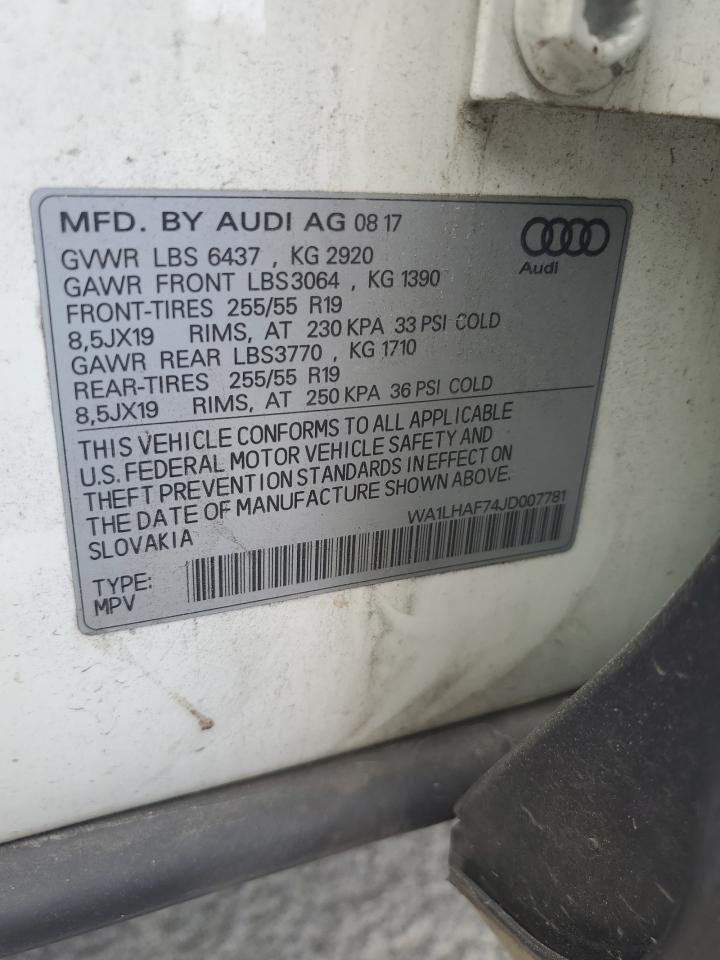 2018 Audi Q7 VIN WA1LHAF74JD007781 Copart auction photo, front end damage thumbnail 13