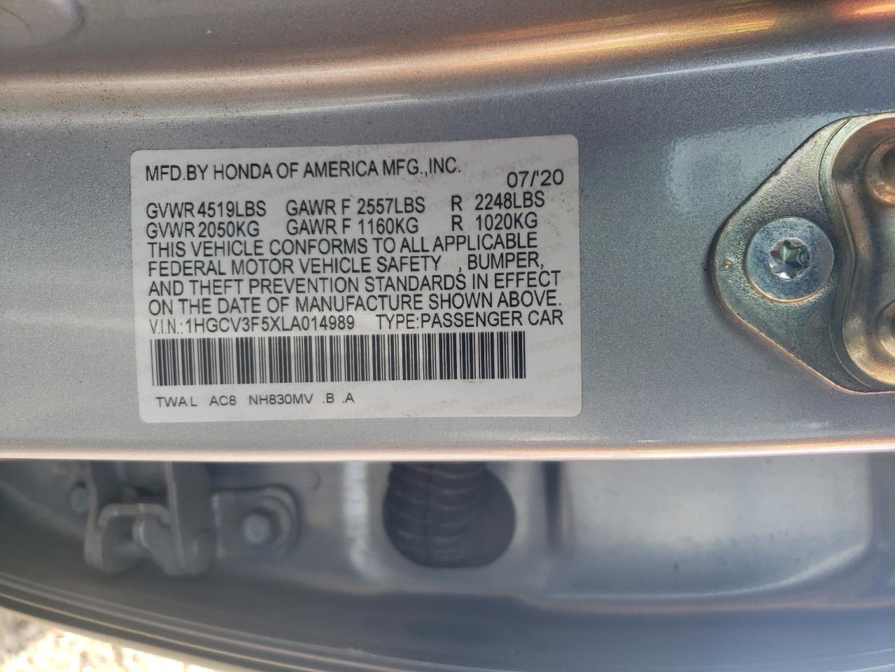 2020 Honda Accord VIN 1HGCV3F5XLA014989 Copart auction photo, front end / mechanical damage thumbnail 13