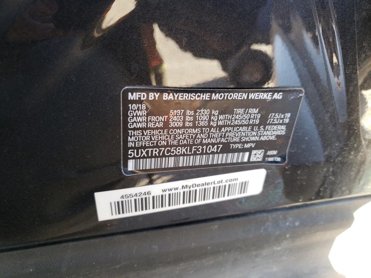2019 BMW X3 VIN 5UXTR7C58KLF31047 Copart auction photo, all over damage thumbnail 15