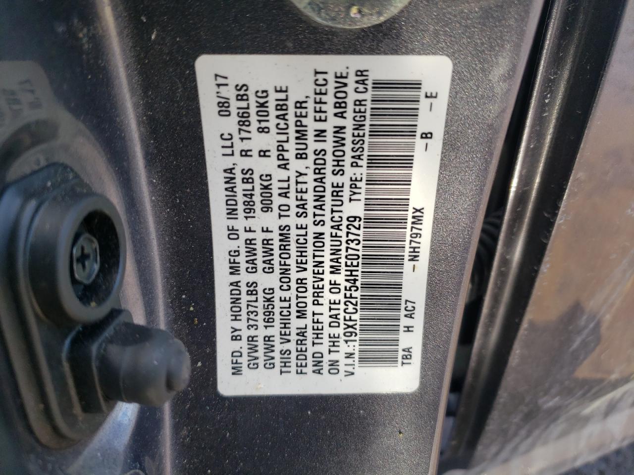 2017 Honda Civic VIN 19XFC2F54HE073729 Copart auction photo, front end / side damage thumbnail 14