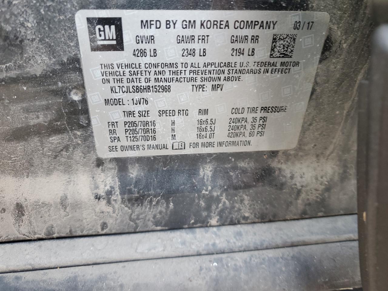 2017 Chevrolet Trax VIN KL7CJLSB6HB152968 Copart auction photo, front end damage thumbnail 12
