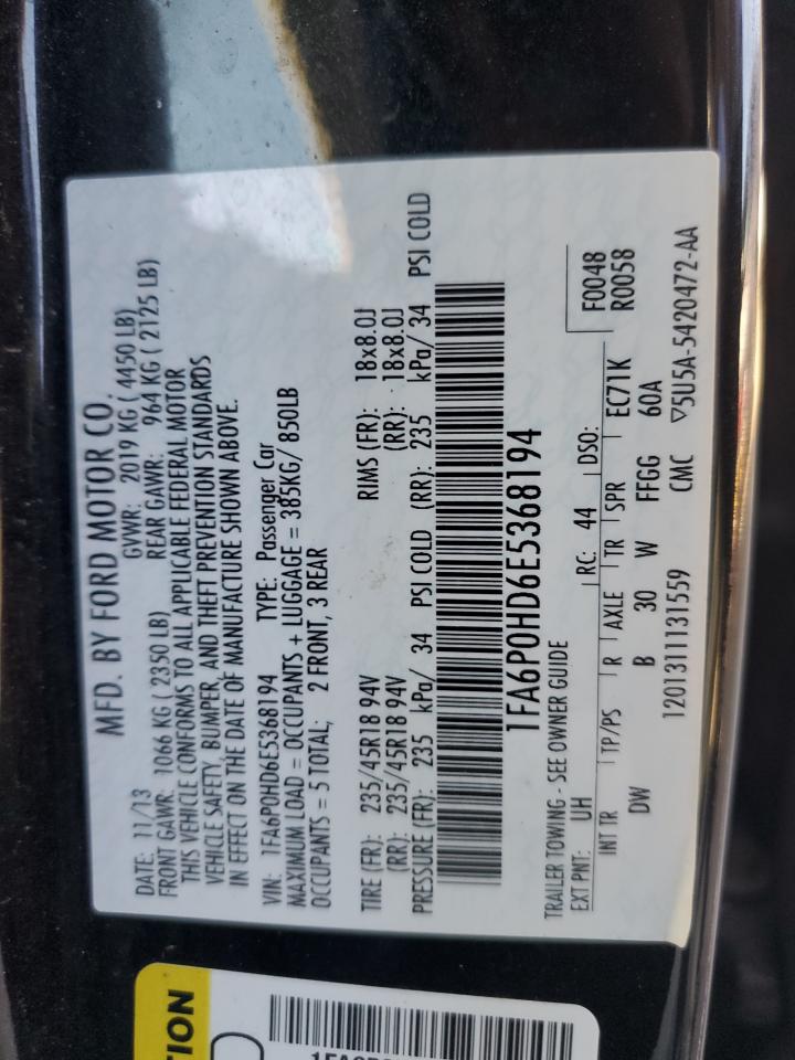 2014 Ford Fusion VIN 1FA6P0HD6E5368194 Copart auction photo, mechanical / minor dent/scratches damage thumbnail 12