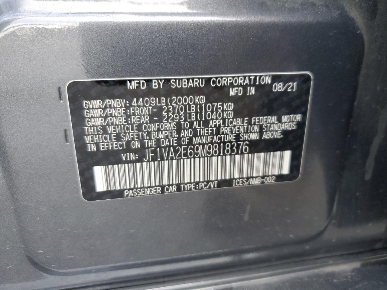 2021 Subaru WRX VIN JF1VA2E69M9818376 Copart auction photo, front end damage thumbnail 12