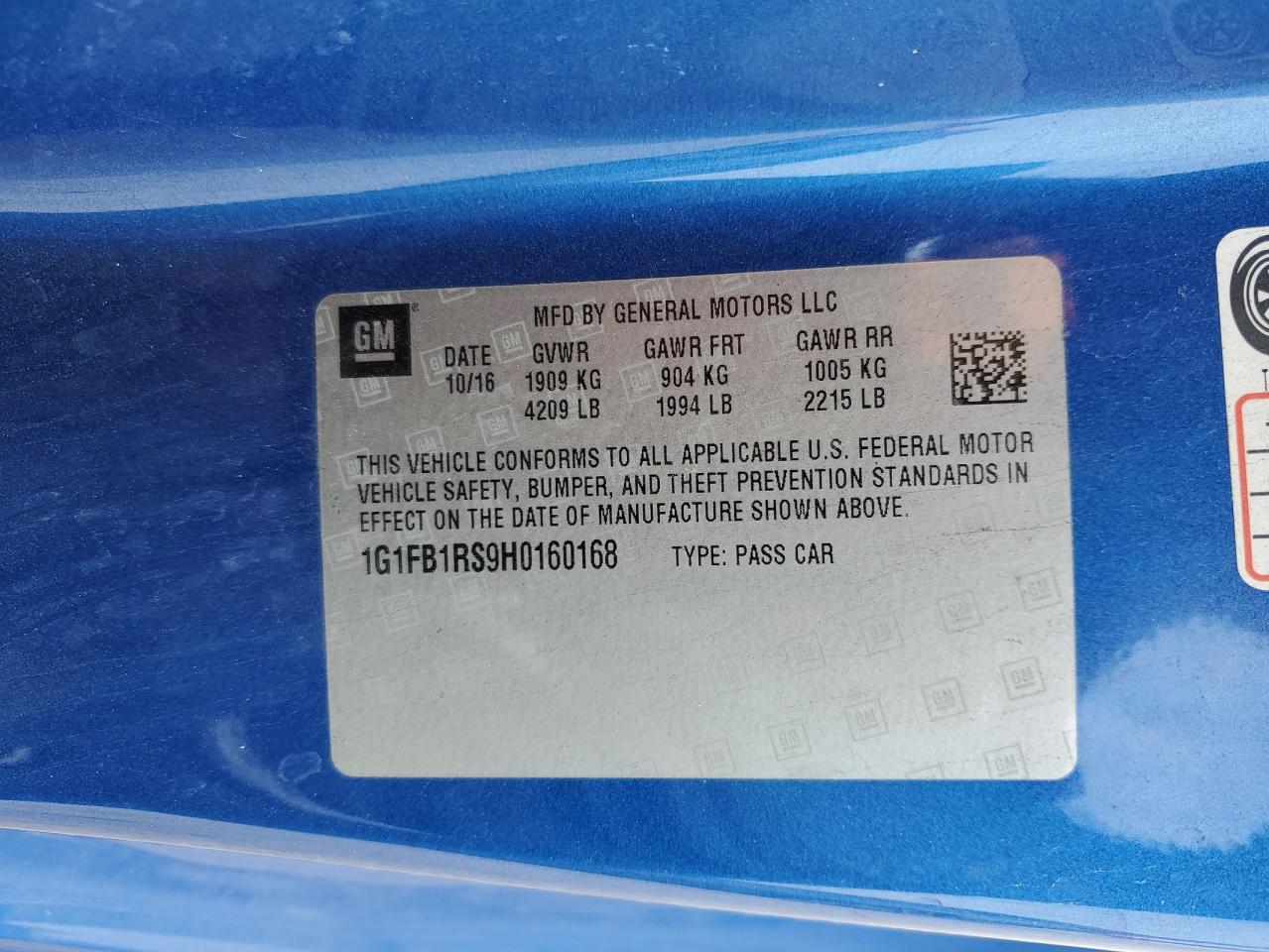 2017 Chevrolet Camaro VIN 1G1FB1RS9H0160168 Copart auction photo, rear end damage thumbnail 12