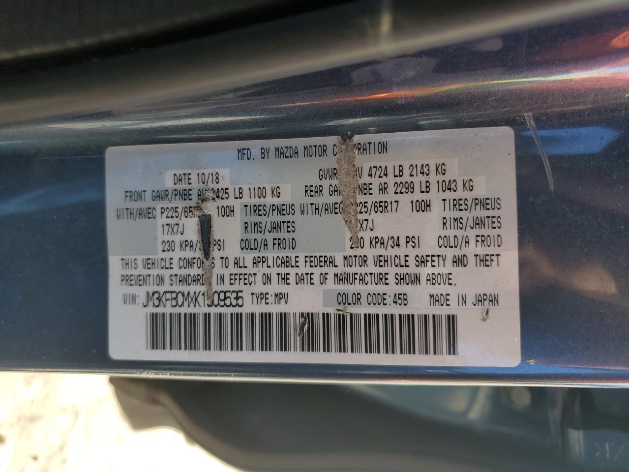 2019 Mazda CX-5 VIN JM3KFBCMXK1509535 Copart auction photo, front end / minor dent/scratches damage thumbnail 13