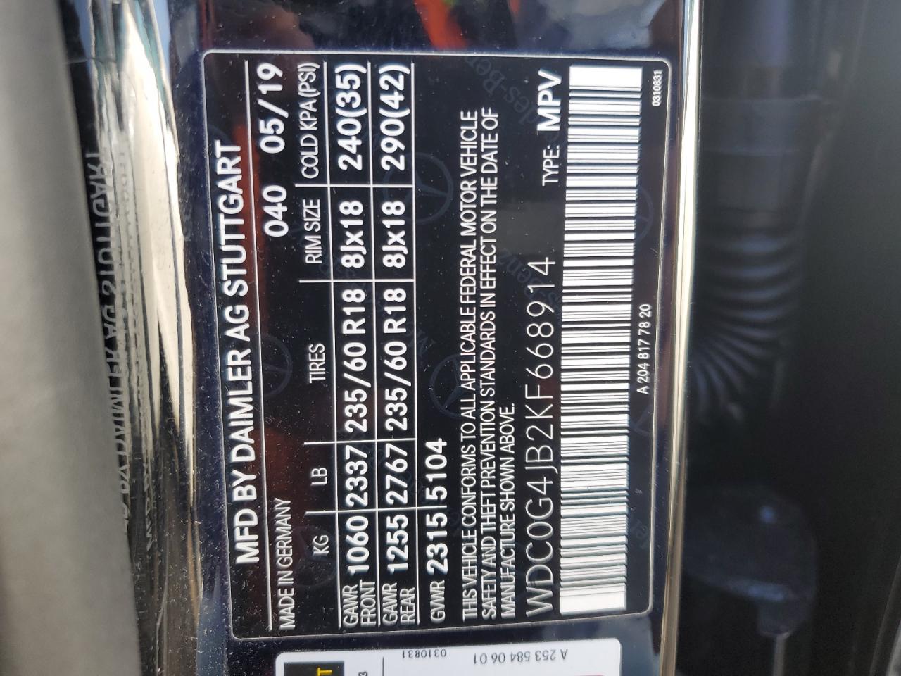 2019 Mercedes-Benz GLC VIN WDC0G4JB2KF668914 Copart auction photo, front end damage thumbnail 13