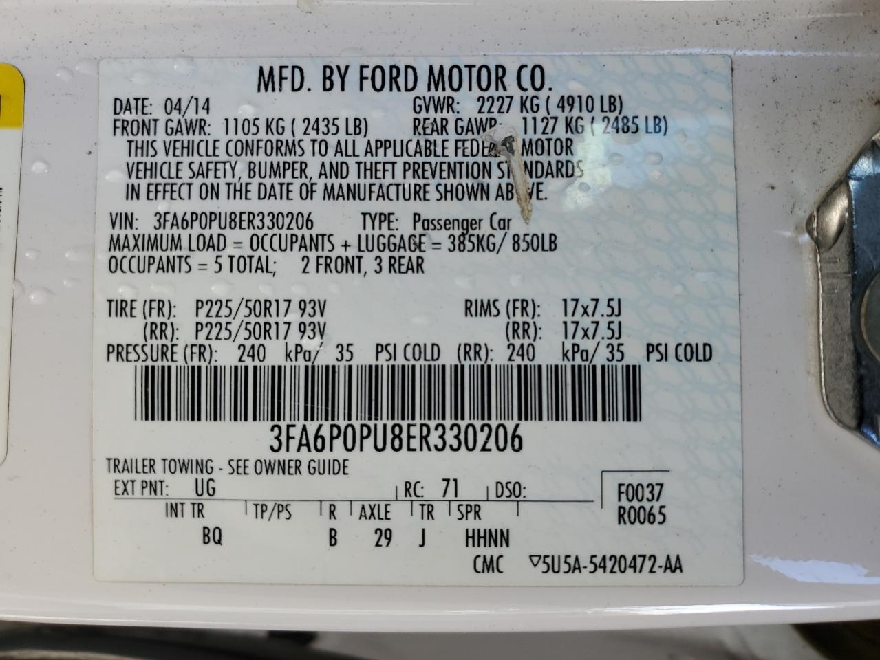 2014 Ford Fusion VIN 3FA6P0PU8ER330206 Copart auction photo, side / minor dent/scratches damage thumbnail 14