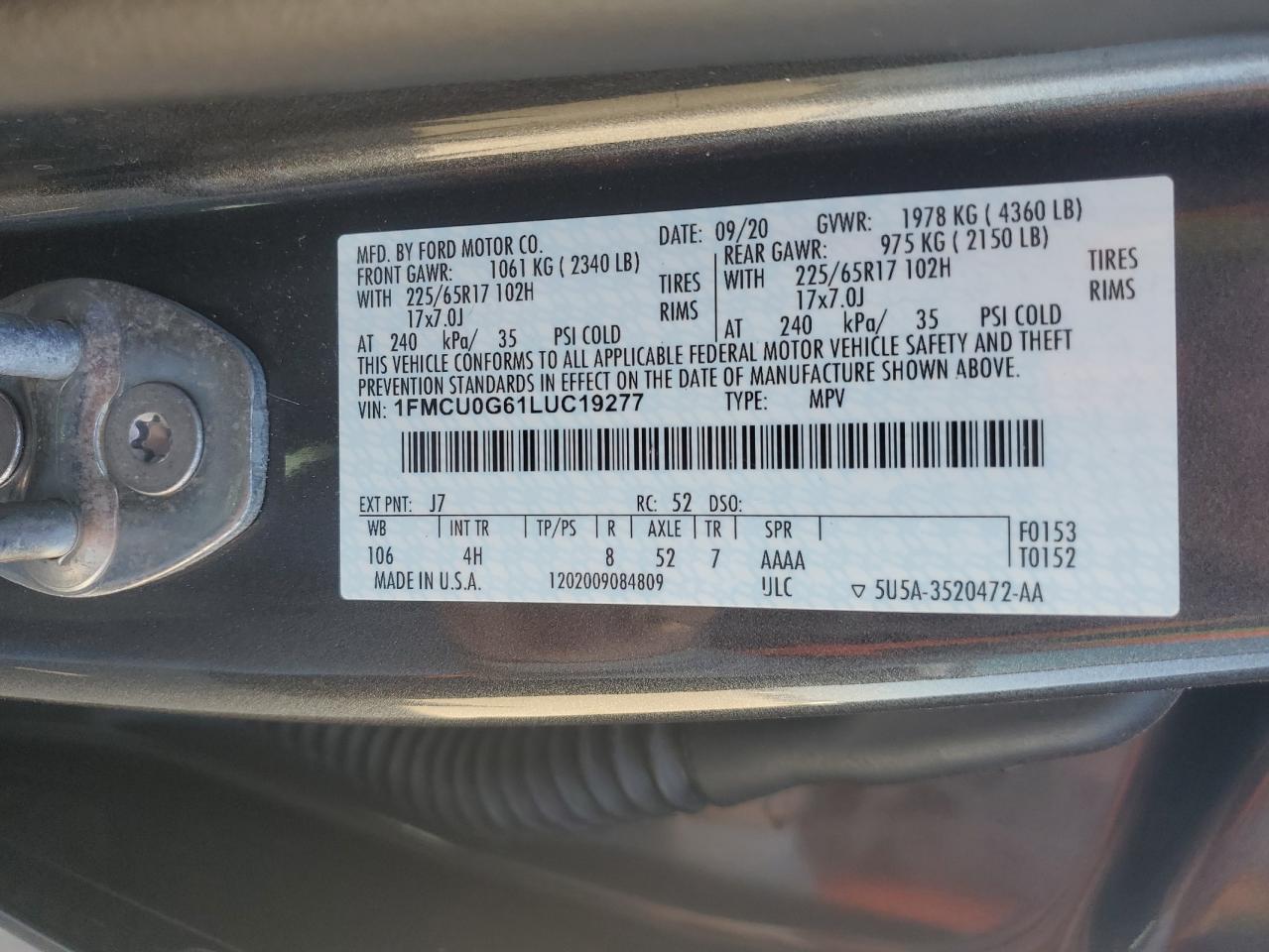 2020 Ford Escape VIN 1FMCU0G61LUC19277 Copart auction photo, front end / minor dent/scratches damage thumbnail 13