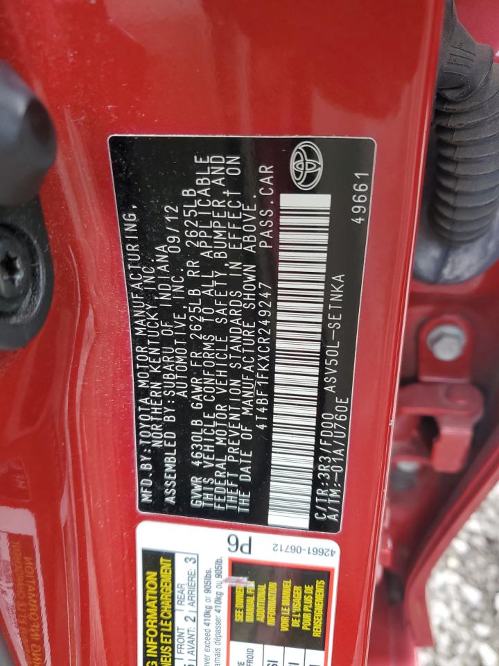 2012 Toyota Camry VIN 4T4BF1FKXCR249247 Copart auction photo, front end damage thumbnail 12