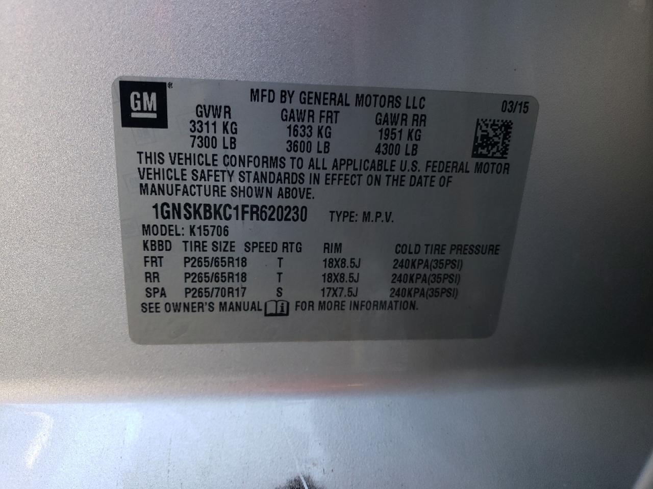 2015 Chevrolet Tahoe VIN 1GNSKBKC1FR620230 Copart auction photo, front end damage thumbnail 13