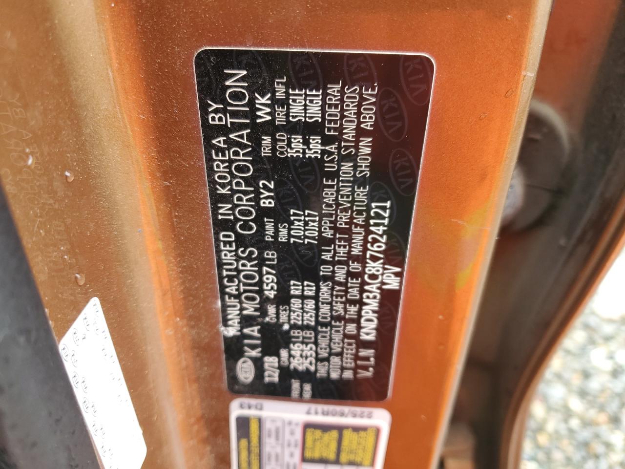 2019 KIA Sportage VIN KNDPM3AC8K7624121 Copart auction photo, side damage thumbnail 13