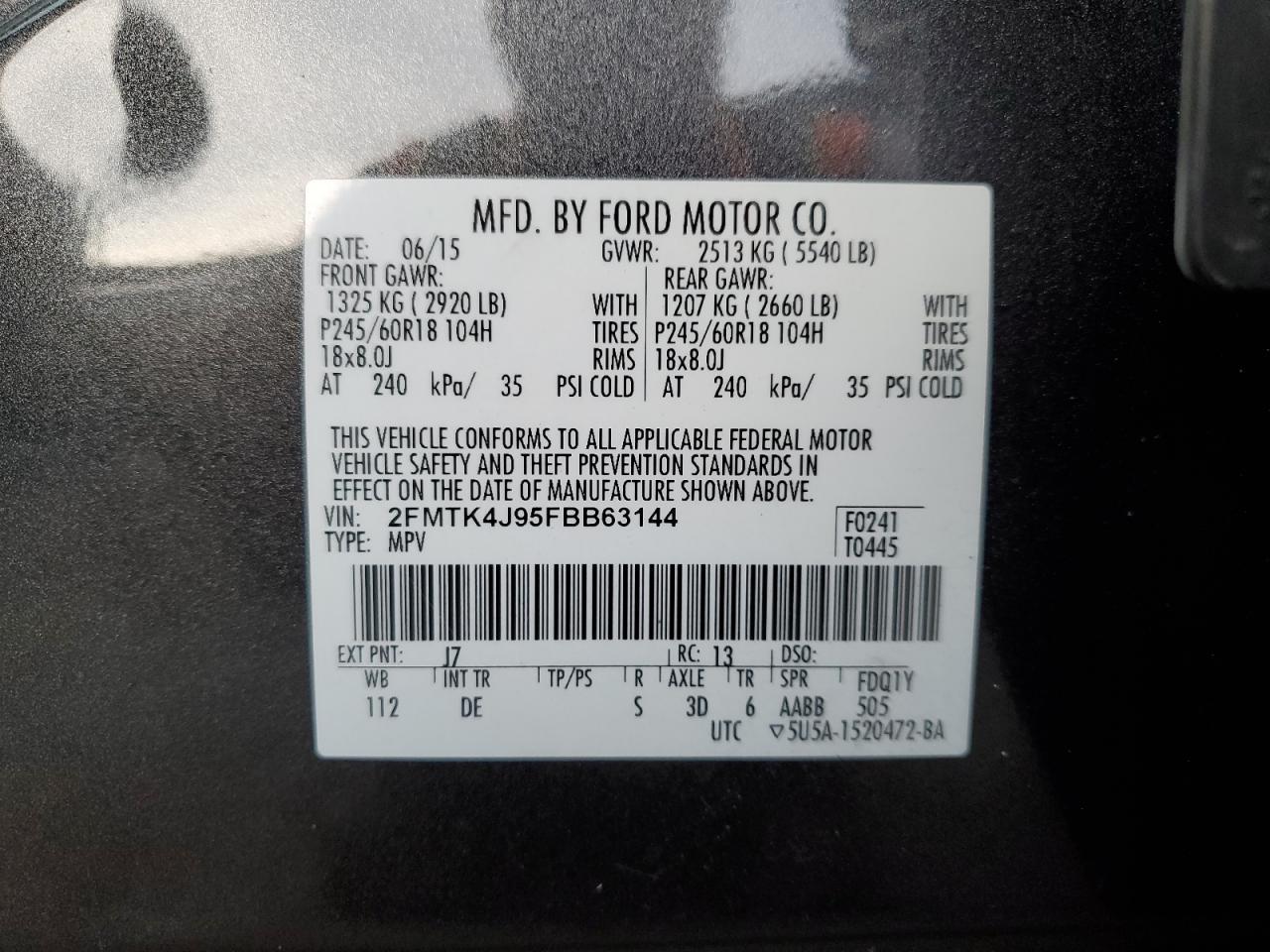 2015 Ford Edge VIN 2FMTK4J95FBB63144 Copart auction photo, minor dent/scratches damage thumbnail 16