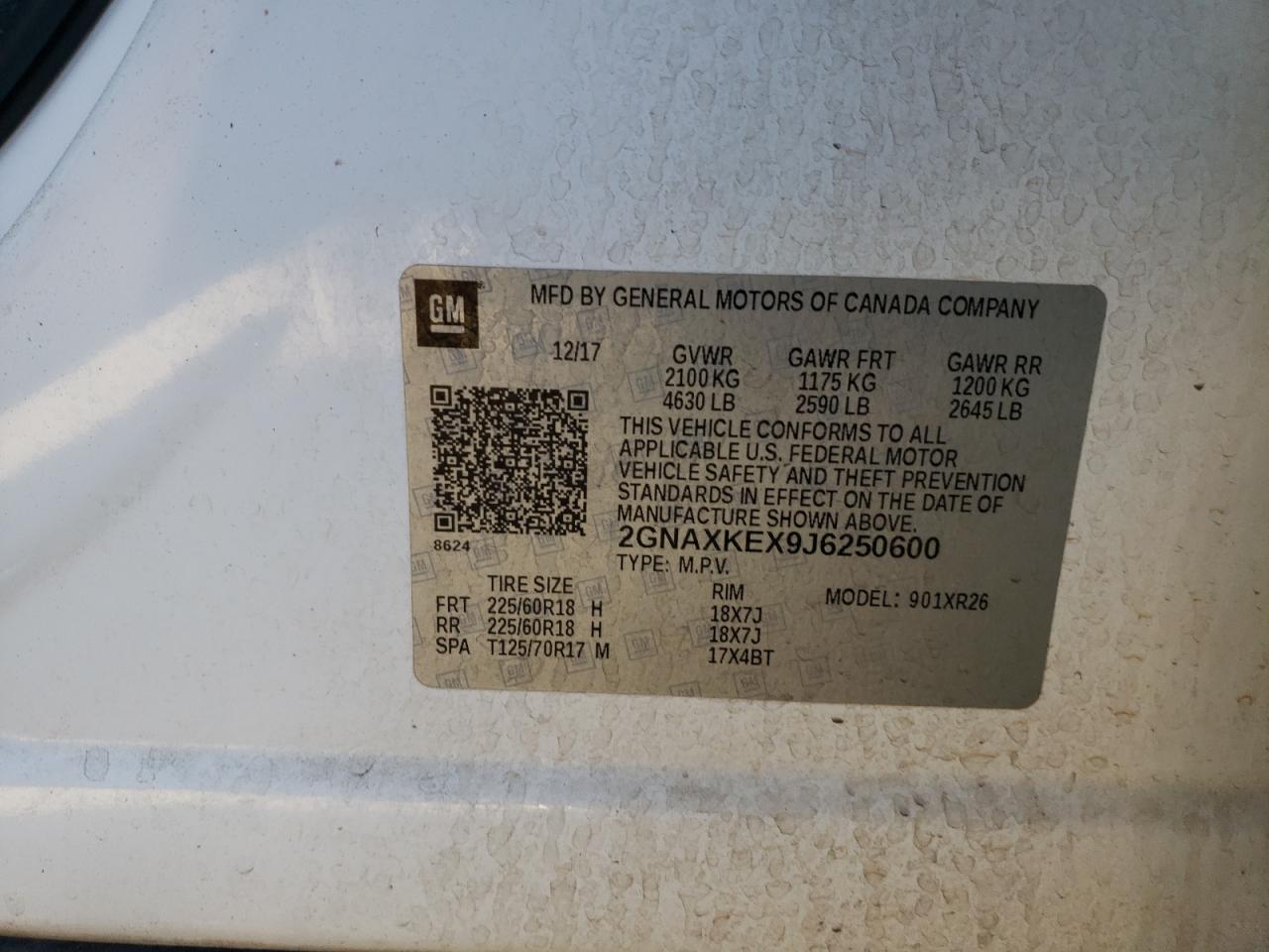 2018 Chevrolet Equinox VIN 2GNAXKEX9J6250600 Copart auction photo, side / mechanical damage thumbnail 15