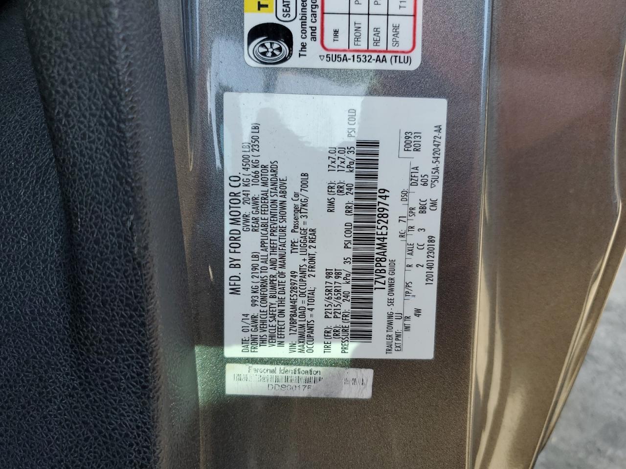 2014 Ford Mustang VIN 1ZVBP8AM4E5289749 Copart auction photo, front end / hail damage thumbnail 13
