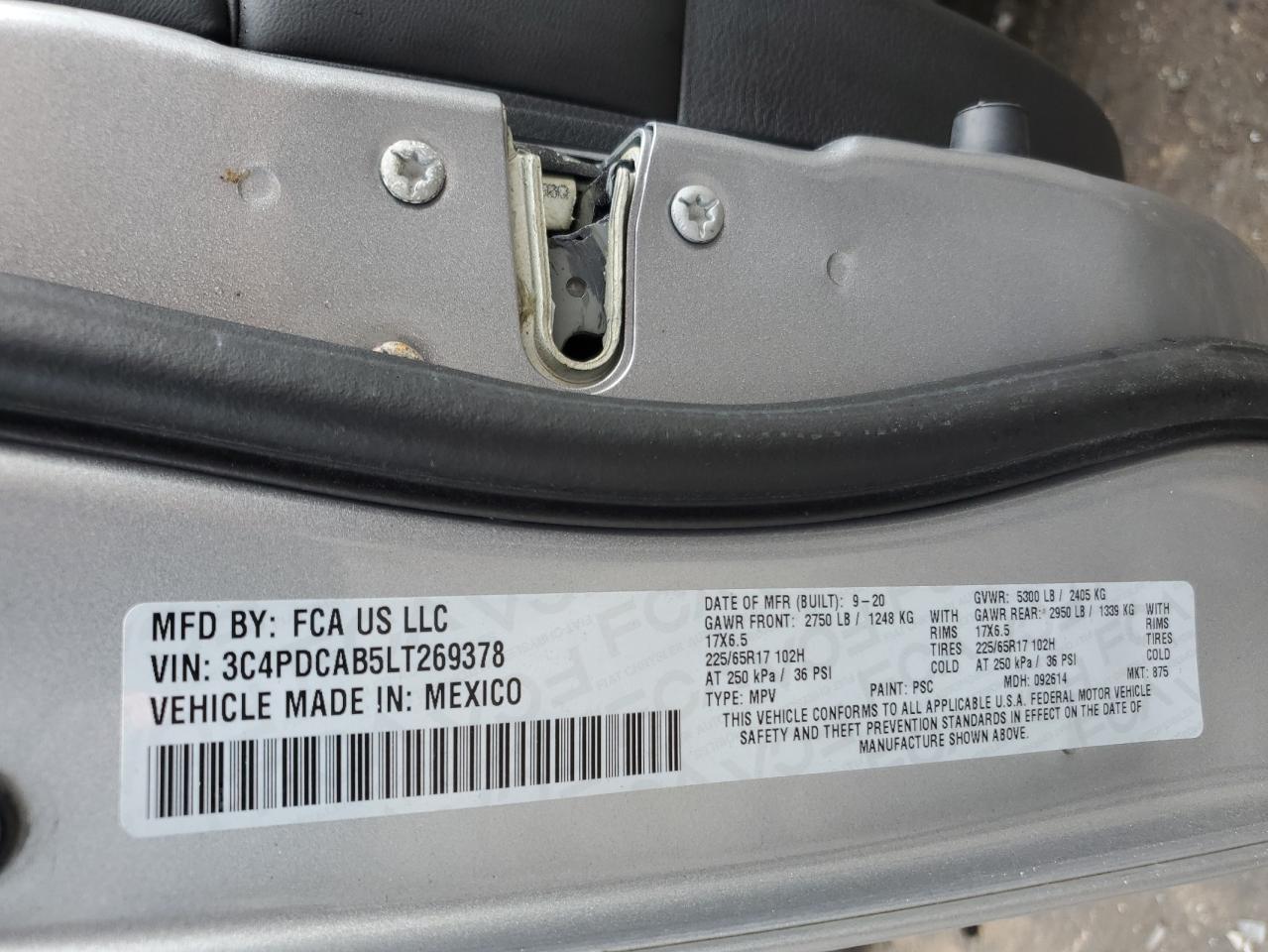 2020 Dodge Journey VIN 3C4PDCAB5LT269378 Copart auction photo, front end damage thumbnail 15