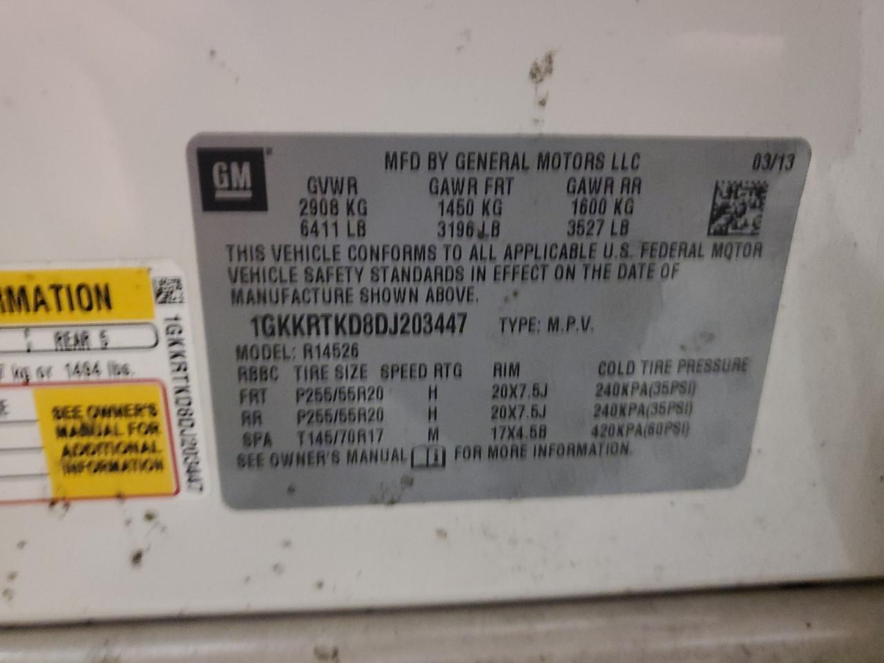 2013 GMC Acadia VIN 1GKKRTKD8DJ203447 Copart auction photo, rear end damage thumbnail 15