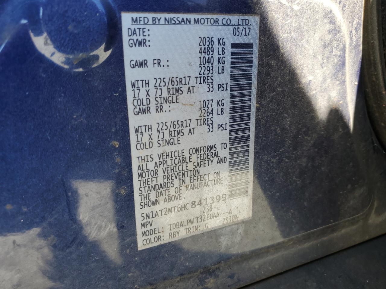 2017 Nissan Rogue VIN 5N1AT2MT6HC841399 Copart auction photo, water/flood damage thumbnail 13